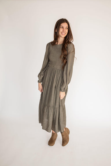 Charity Smocked Midi Dress in Dusty Olive - FINAL SALE - Charity Smocked Midi Dress in Dusty Olive - FINAL SALE - undefined - Salt and Honey
