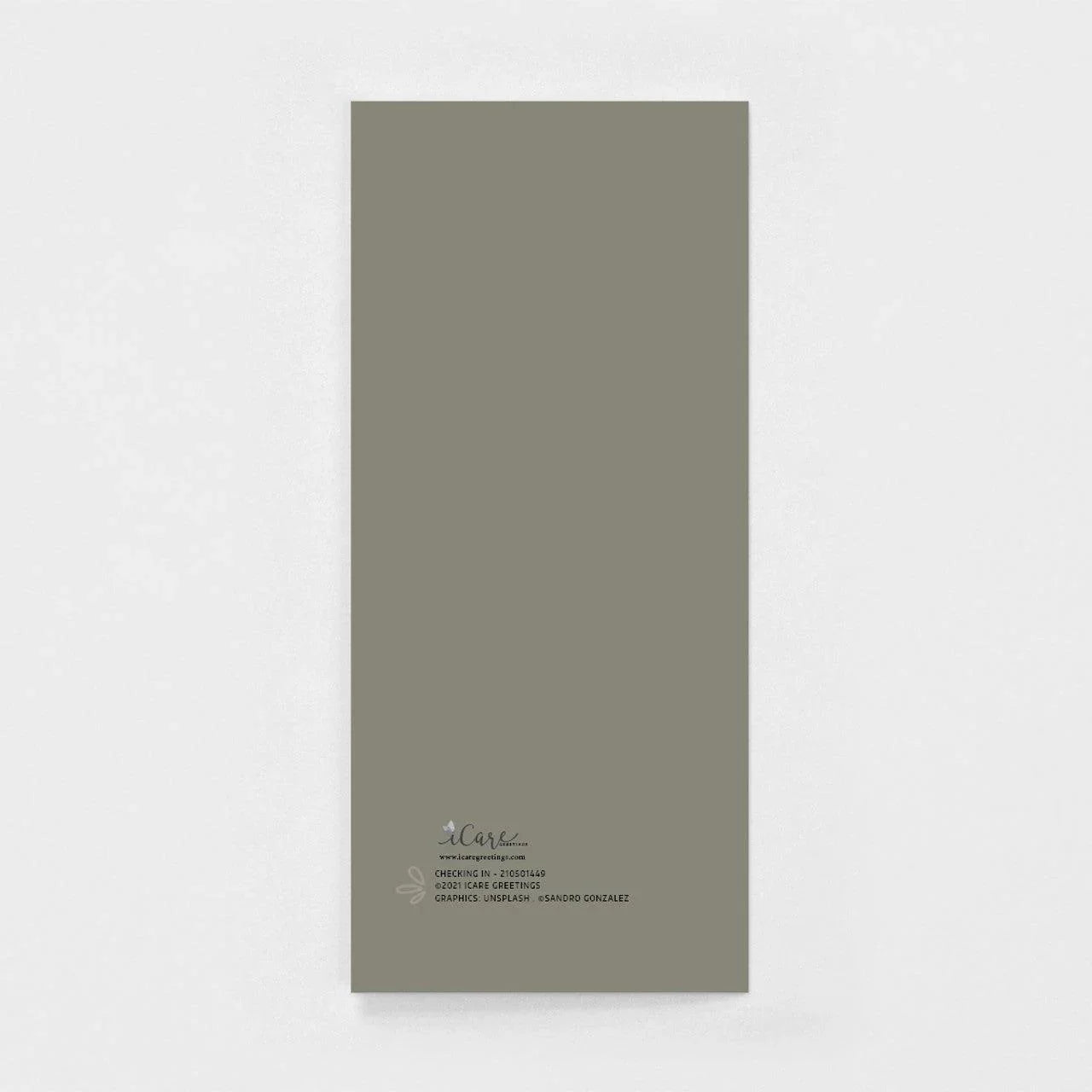 Minimalist taupe greeting card back with small iCare Greetings logo and text on white background.