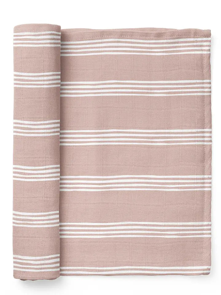 Striped Muslin Swaddle Baby Blanket in Smoke Rose