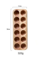 Wooden egg holder with dimensions and weight on a white background