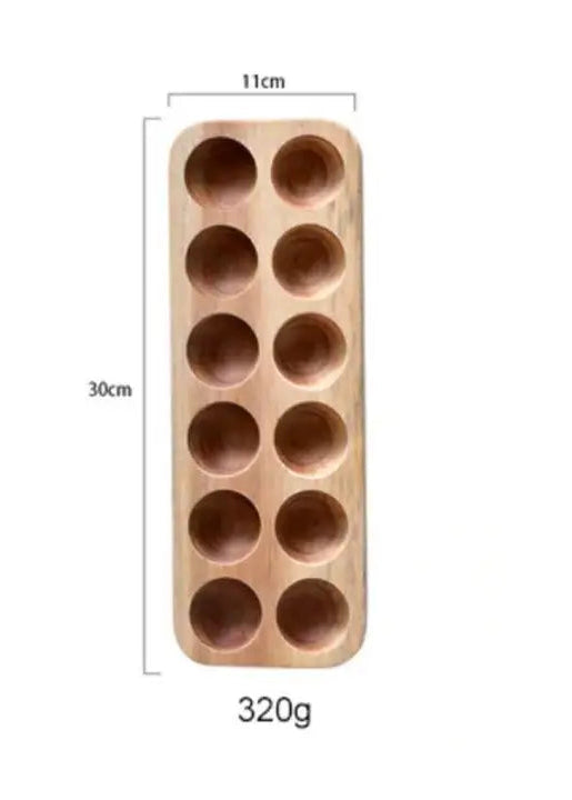 Wooden egg holder with dimensions and weight on a white background