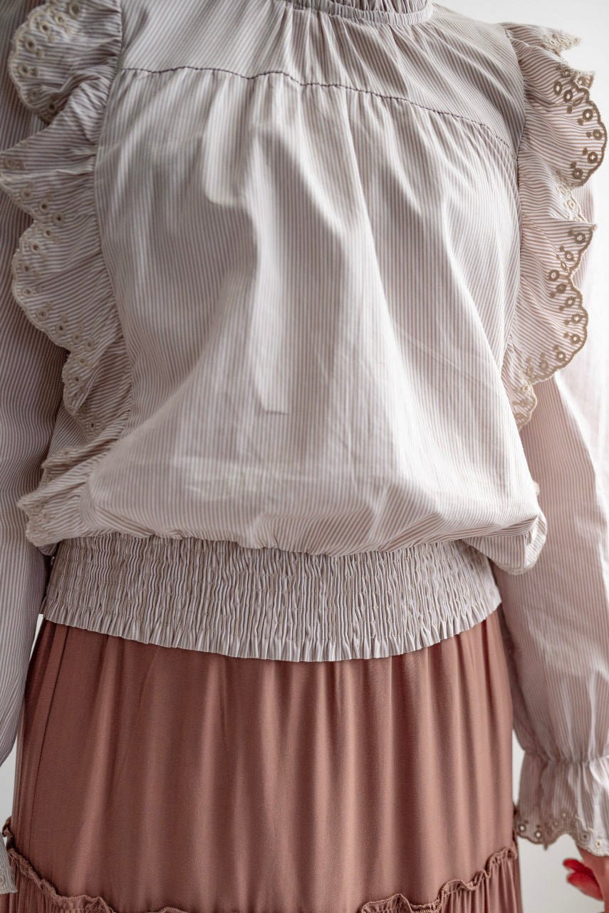 Gia Eyelet Ruffle Top in Taupe