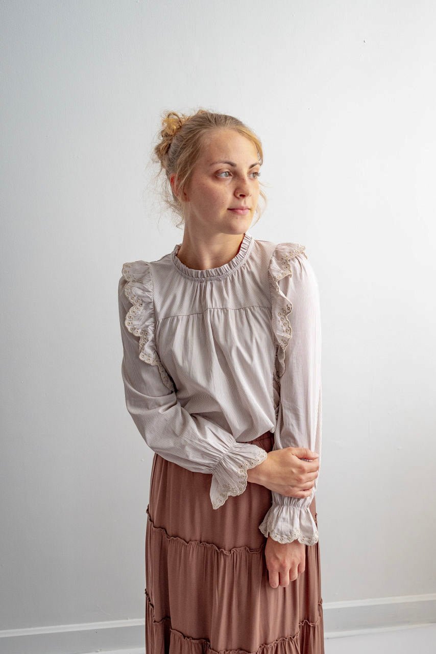 Gia Eyelet Ruffle Top in Taupe