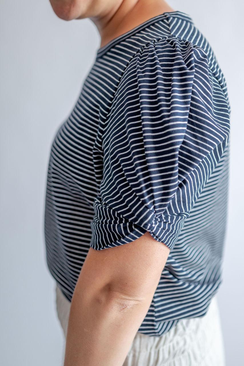 Jackie Twisted Sleeve Top in Navy Stripes - Jackie Twisted Sleeve Top in Navy Stripes - undefined - Salt and Honey