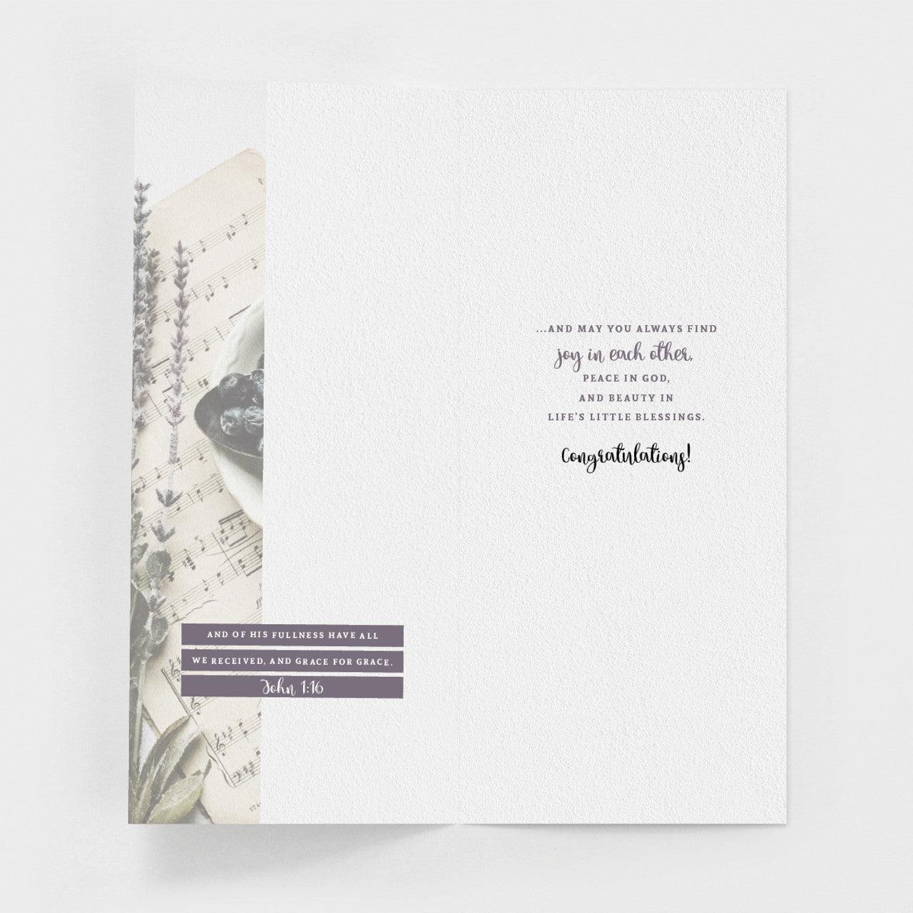 Elegant wedding greeting card with floral and music sheet design, inspirational message and Bible verse, Salt and Honey.