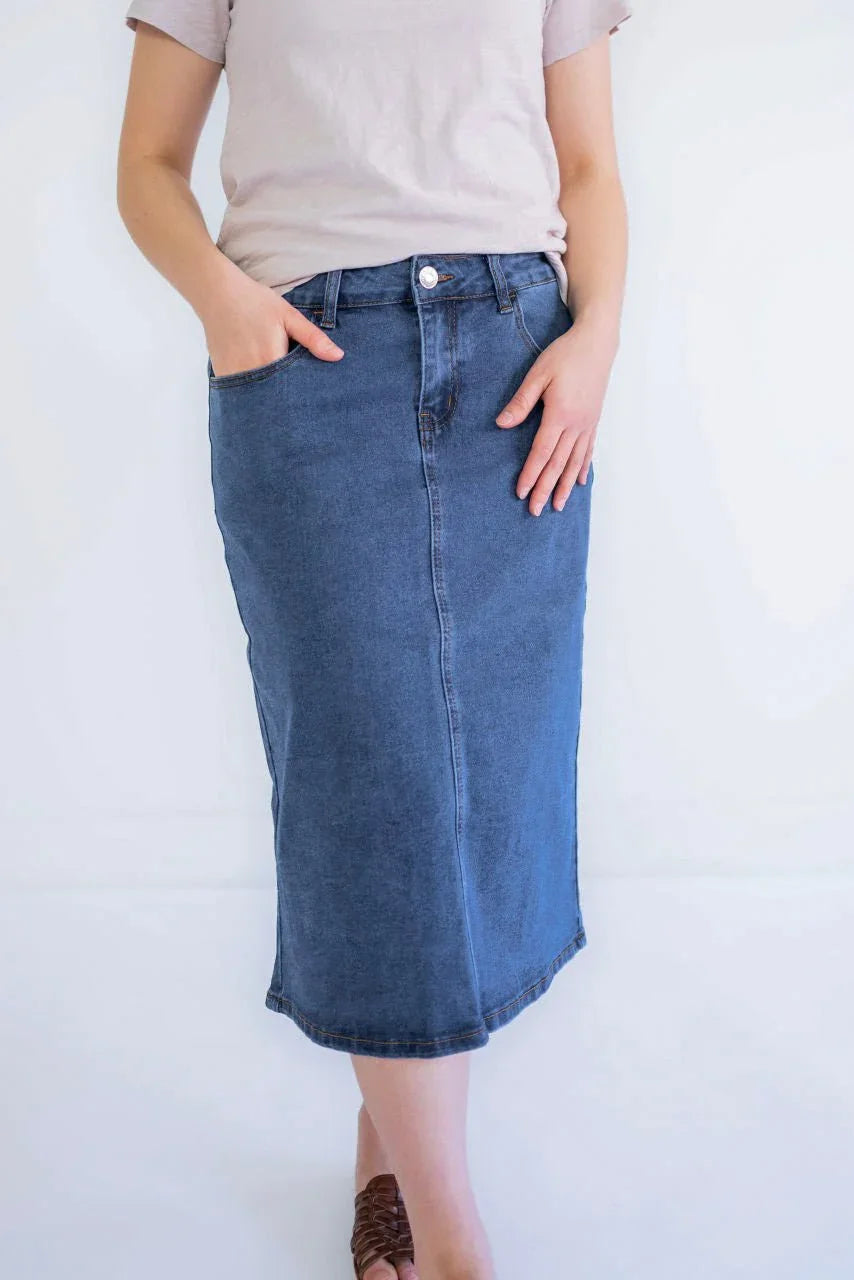Kaya Midi Denim Skirt in Stone Wash - Kaya Midi Denim Skirt in Stone Wash - S - Salt and Honey