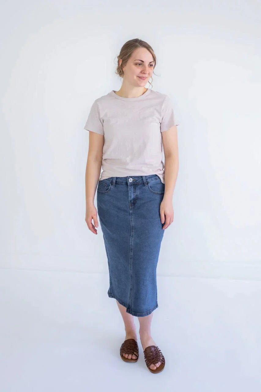 Kaya Midi Denim Skirt in Stone Wash - Kaya Midi Denim Skirt in Stone Wash - S - Salt and Honey