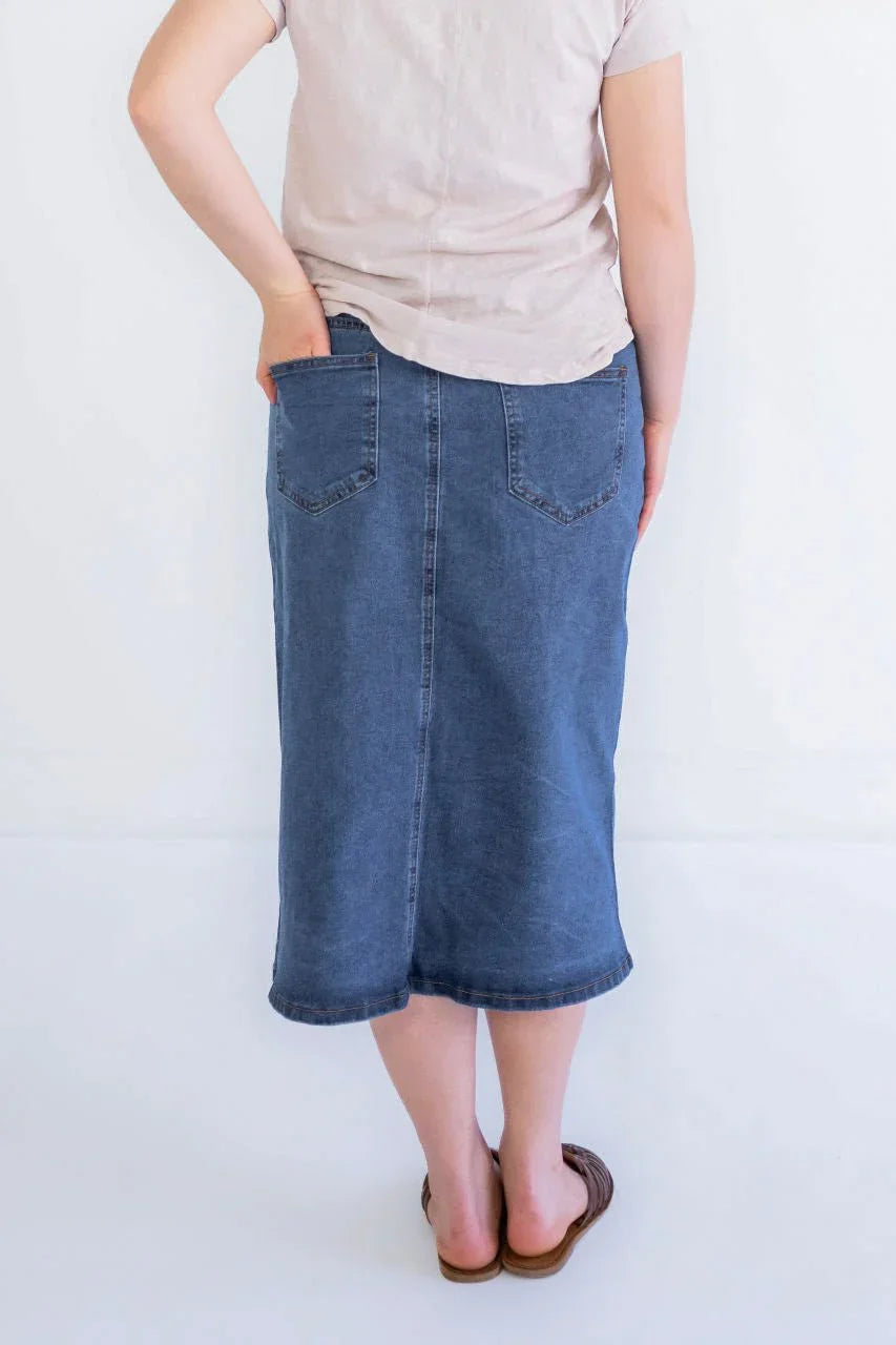 Kaya Midi Denim Skirt in Stone Wash - Kaya Midi Denim Skirt in Stone Wash - S - Salt and Honey
