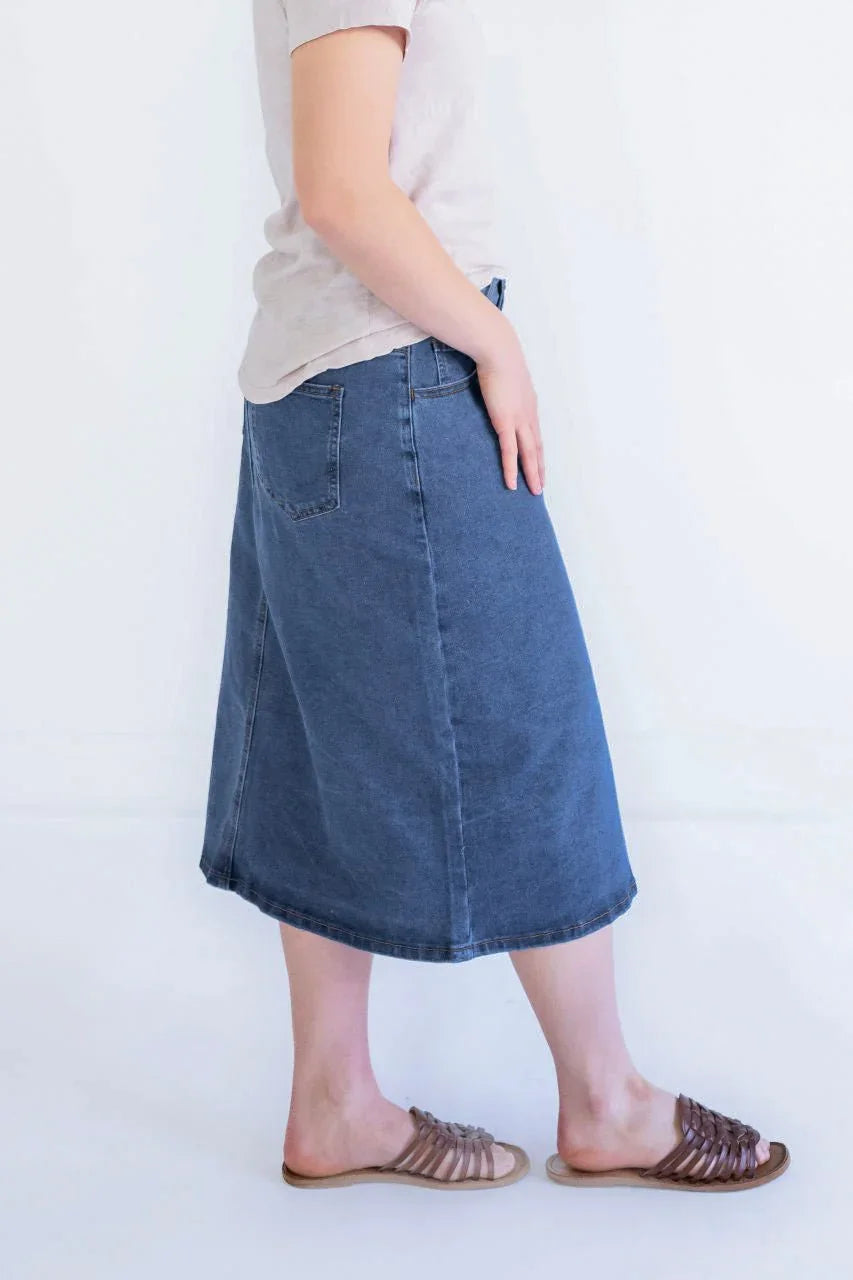 Kaya Midi Denim Skirt in Stone Wash - Kaya Midi Denim Skirt in Stone Wash - S - Salt and Honey