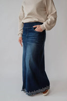 Kenzie Embroidered Dark Denim Skirt - Kenzie Embroidered Dark Denim Skirt - S - Salt and Honey