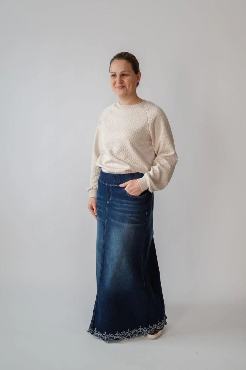 Kenzie Embroidered Dark Denim Skirt — Salt and Honey