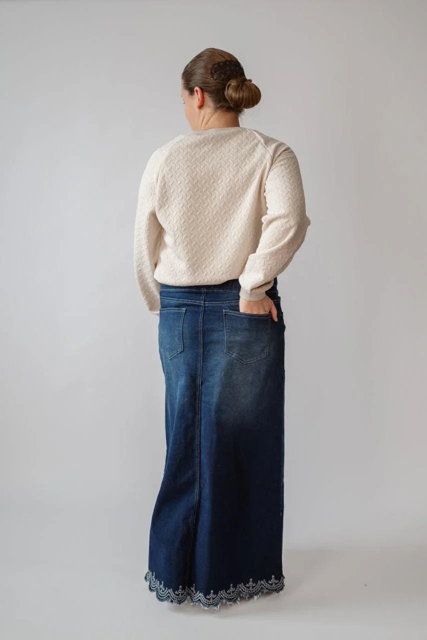 Kenzie Embroidered Dark Denim Skirt - Kenzie Embroidered Dark Denim Skirt - S - Salt and Honey