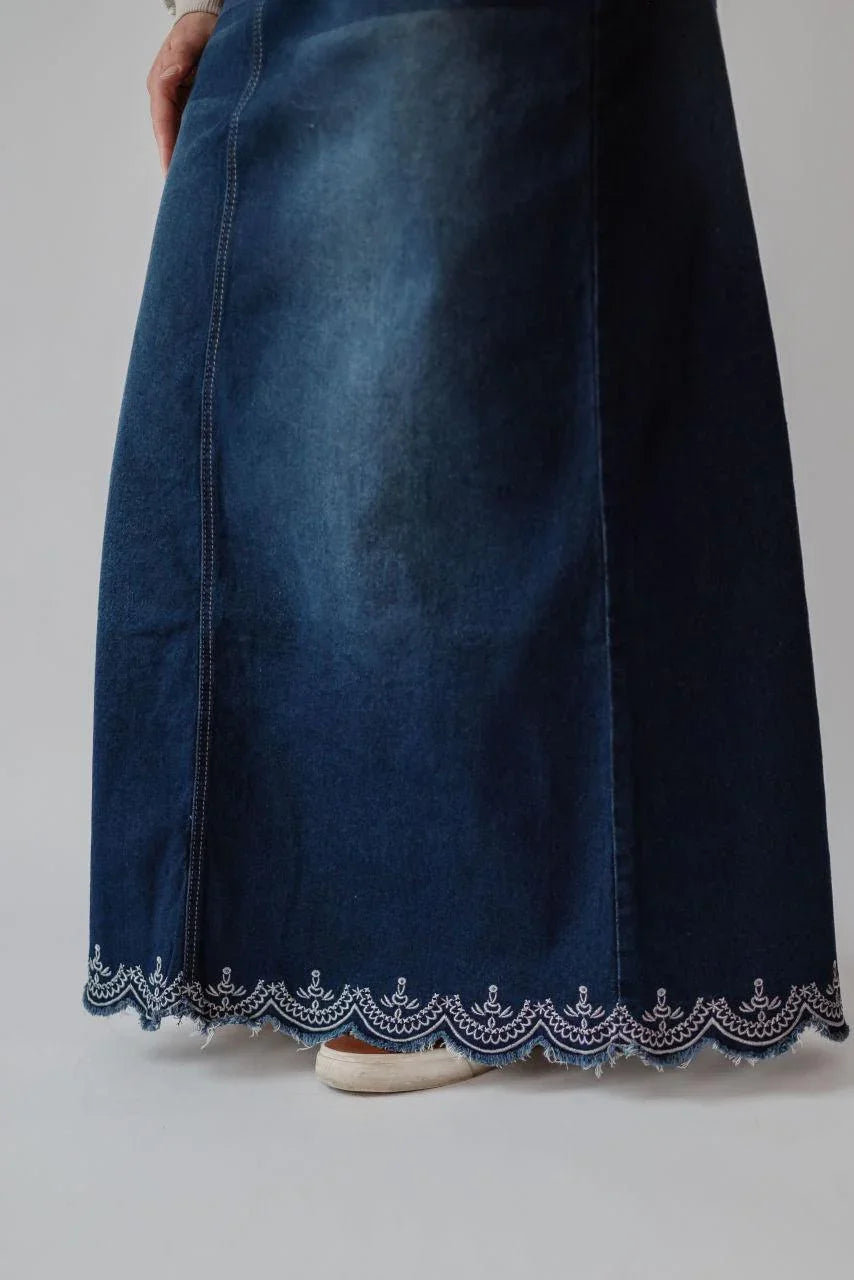 Kenzie Embroidered Dark Denim Skirt - Kenzie Embroidered Dark Denim Skirt - S - Salt and Honey