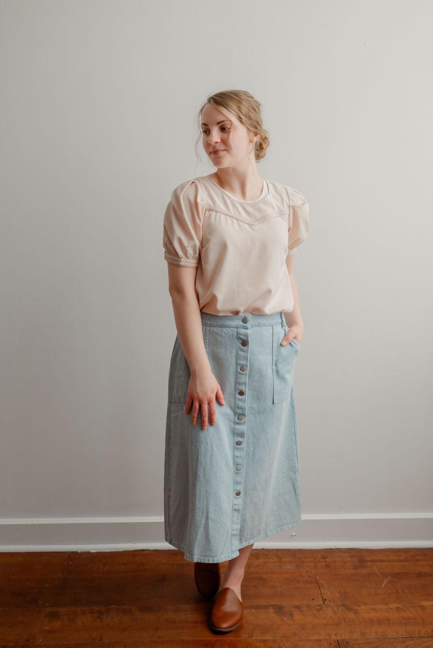 Olivet Cotton Midi Skirt in Light Wash - Olivet Cotton Midi Skirt in Light Wash - S - Salt and Honey