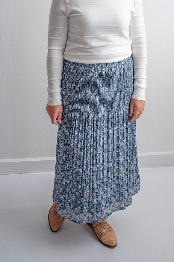 Ophelia Pleated Floral Skirt in Stony Teal - FINAL SALE