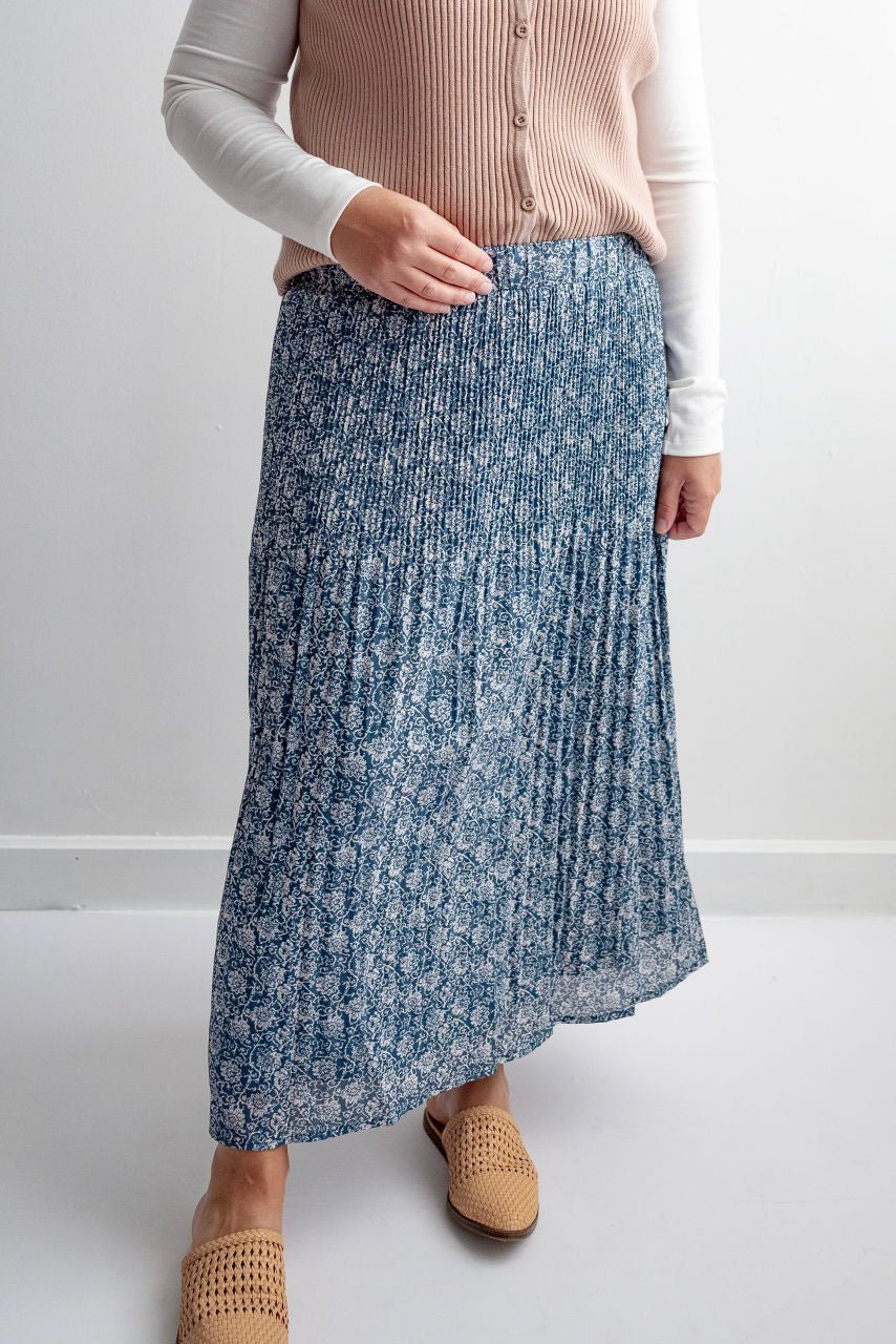 Ophelia Pleated Floral Skirt in Stony Teal - FINAL SALE