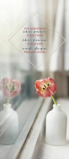 Sympathy greeting card with single pink tulip in white vase by window, Salt and Honey boutique.