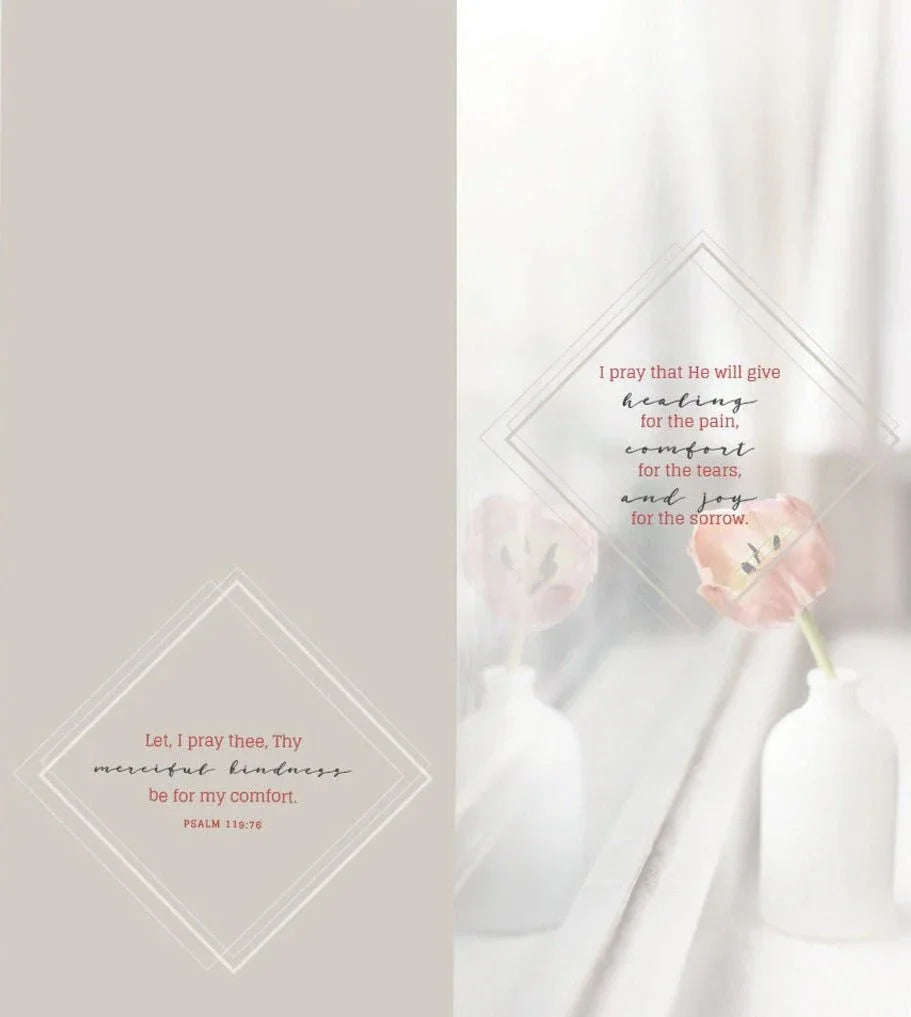 Sympathy greeting card with healing message, pink tulip in white vase on windowsill.