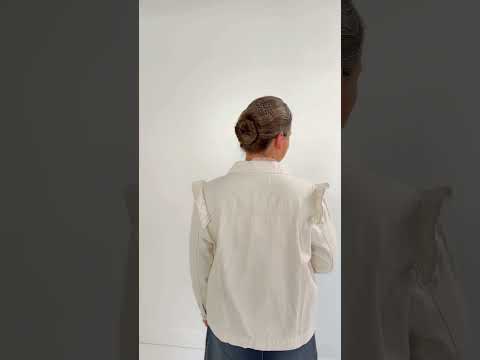 modest feminine girly cream white denim jacket with ruffle on shoulder