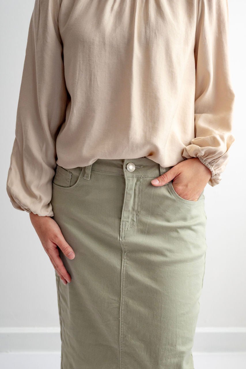 Rhodes Denim Midi Skirt in Fern