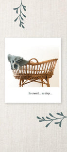 Wicker baby bassinet with gray knitted blanket on cream textured background, Salt and Honey style.