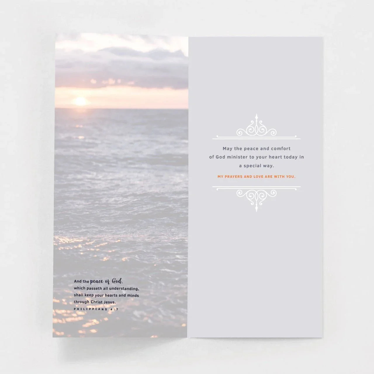Christian sympathy greeting card with sunset ocean photo and comforting Bible verse