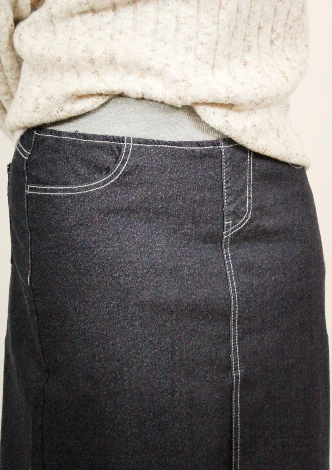 dark denim midi length elastic waist skirt