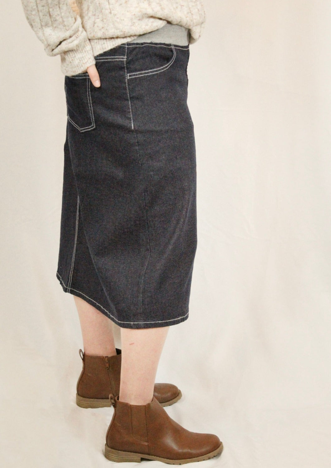 dark denim midi length elastic waist skirt