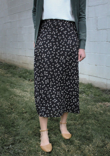 long modest midi black floral dress skirt