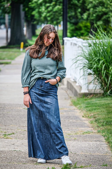 modest long a-line denim dark jean skirt